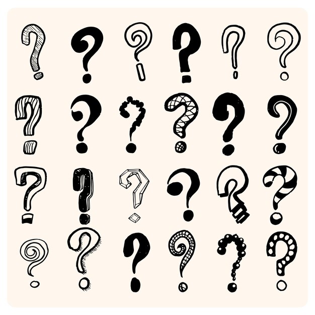 Handdrawn question mark icons on white background Variety of icons each depicted in charming monoc