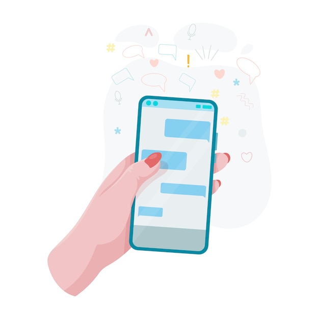 hands hold a phone concepts of internet network communications people chatting and chatting together on social networks woman holding a phone or tablet in her hand vector illustration