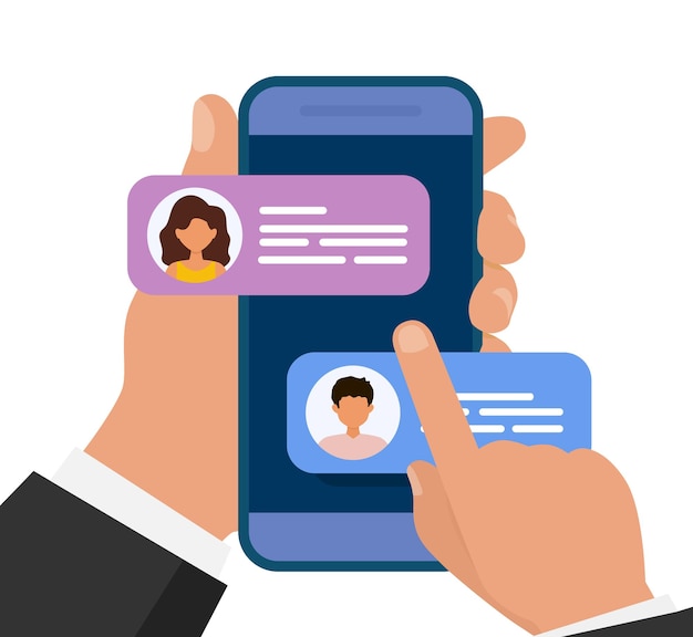 Hands holding mobile with messages. Boy and girl chatting in mobile app. Flat design.