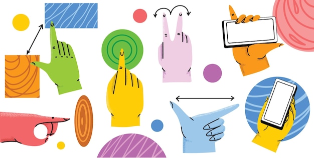 Hands holding smartphone Vector icon of people hold smartphone or using touch gestures for mobile phone while reading Press and point pich and unpinch rotate and swipe symbol