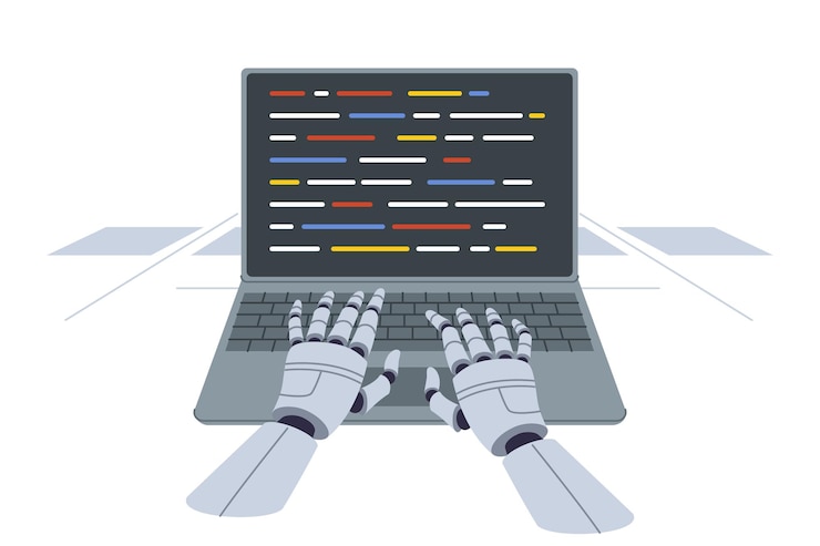 Vector hands of robot programmer typing code into laptop thanks to development of artificial intelligence