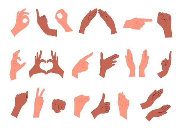 Hands poses Man and woman hand holding and pointing gestures love fist peace and thumb up