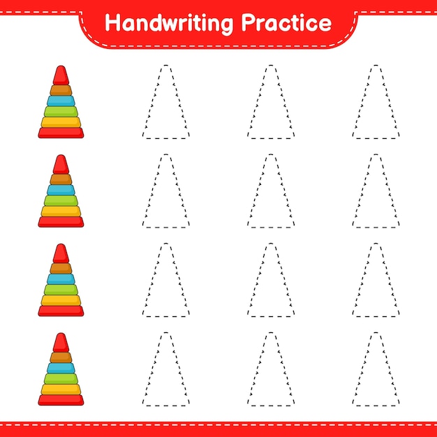 Handwriting practice. Tracing lines of Pyramid Toy. Educational children game, printable worksheet, vector illustration