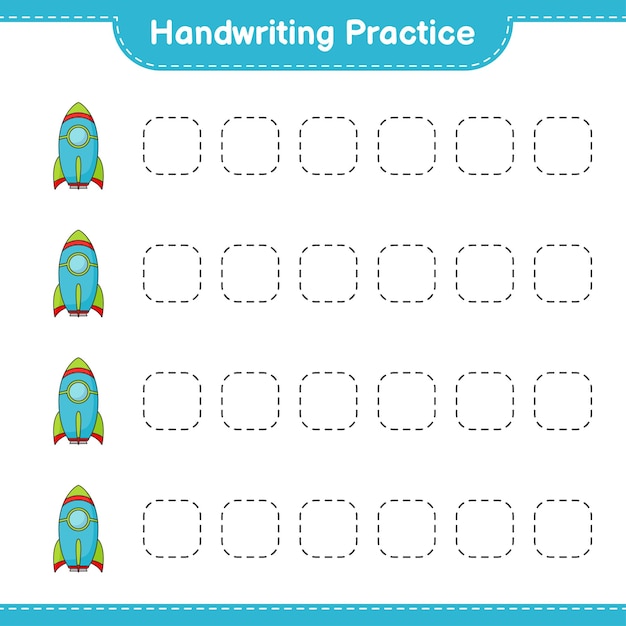 Handwriting practice. Tracing lines of Rocket. Educational children game, printable worksheet, vector illustration