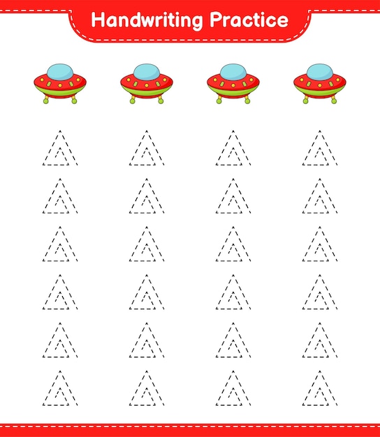 Handwriting practice. Tracing lines of Ufo. Educational children game, printable worksheet, vector illustration
