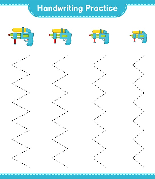 Handwriting practice. Tracing lines of Water Gun. Educational children game, printable worksheet, vector illustration