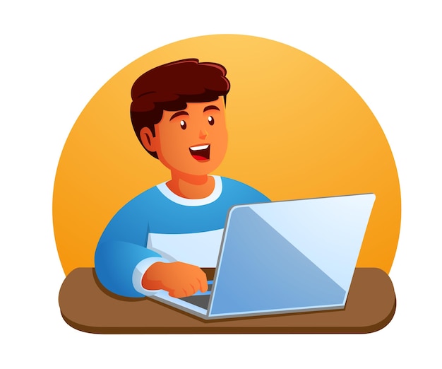 happy child while sitting at desk and using laptop