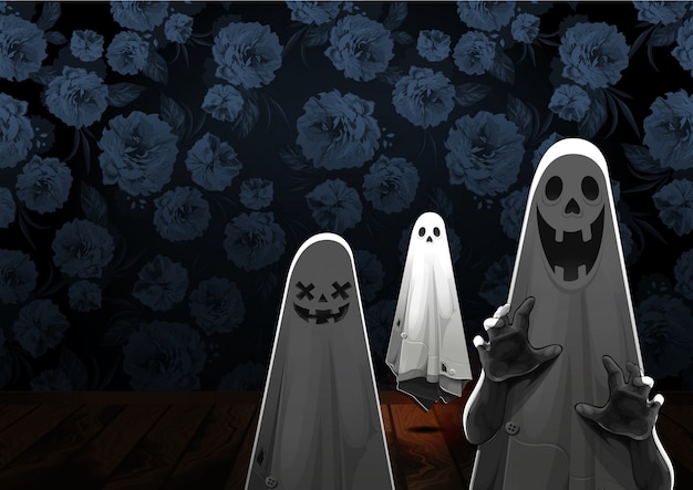 happy halloween greeting with ghost floating in the air on flower background