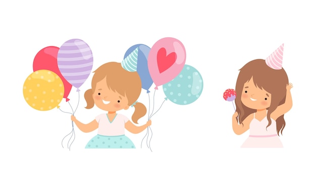 happy little girl wearing cone birthday hat holding balloons and waving hand cheering about holiday vector set