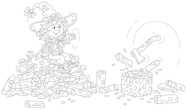 Happy little Halloween witch chopping firewood with an enchanted flying ax