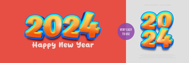 Happy new year 2024 text effect with bold 3d font style