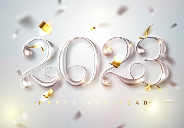 Happy new year greeting card with silver numbers and confetti frame on white background vector illus