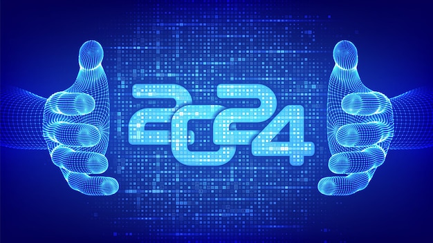 Happy New Year Numbers 2024 made with binary code in wireframe hands Background with digits 10