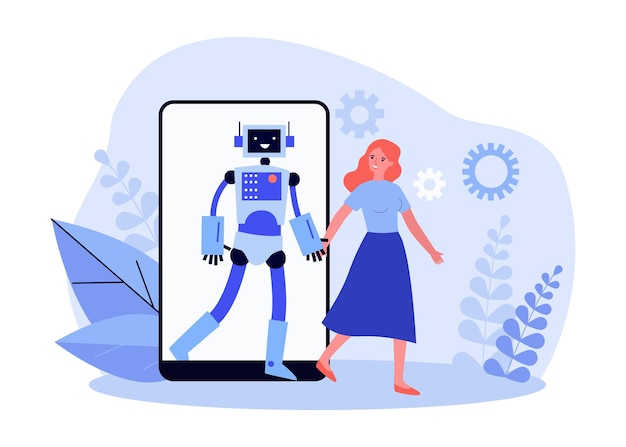 Happy woman holding hand of robot from smartphone flat illustration