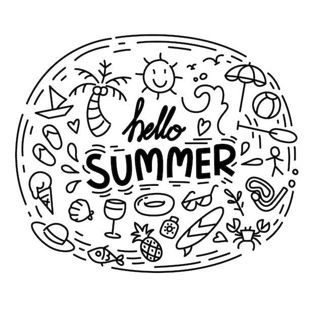 Hello Summer collection. Illustration funny doodle summer.