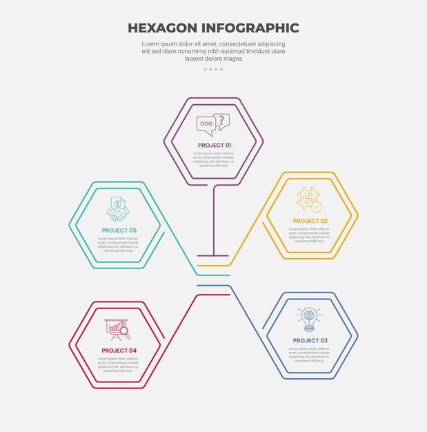 hexagon or hexagonal base shape infographic outline style with 5 point template with hexagon centered line cycle circular for slide presentation