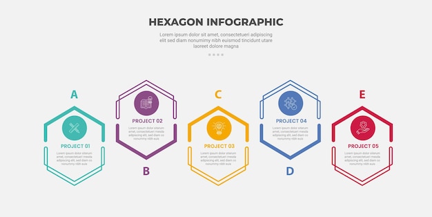 hexagon or hexagonal base shape infographic outline style with 5 point template with horizontal direction up and down slice cut for slide presentation