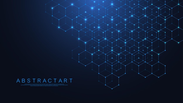 Hexagons abstract grid background with connected lines and dots. Hex digital pattern with subtle polygons. Linear geometric texture. Hexagonal vector illustration