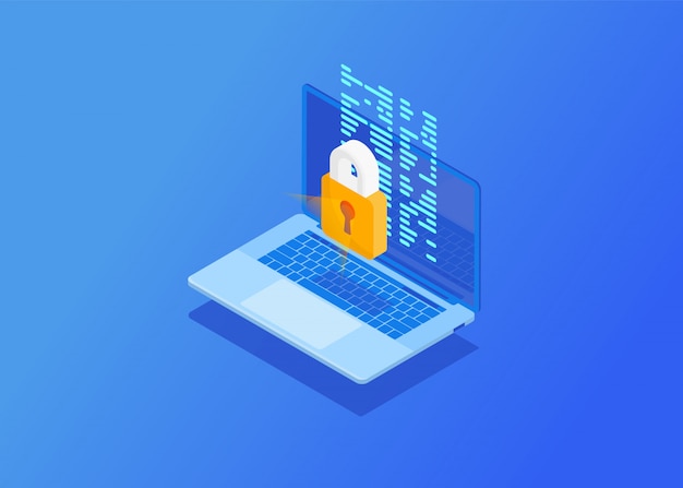 high security and privacy protection. isometric computer with protection lock from cyber attack, antivirus.  illustration