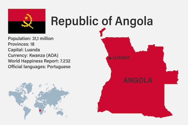Highly detailed Angola map with flag capital and small map of the world
