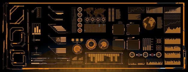 Hightech data visualization dashboard displaying various statistics and analytics in orange and black color scheme
