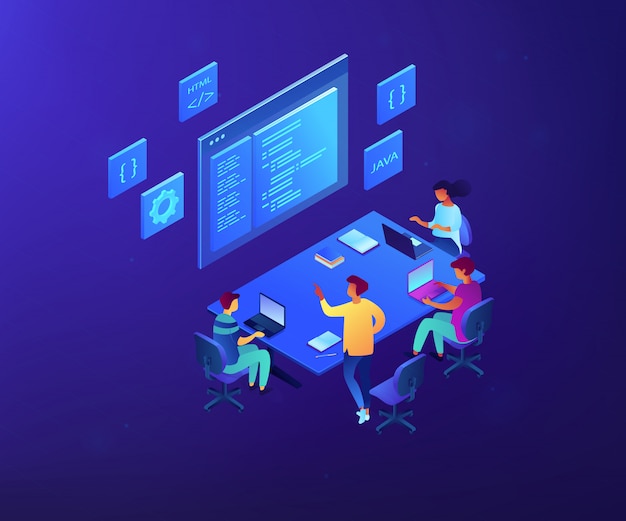 Hình ảnh minh họa 3D Isometric về nhóm phát triển phần mềm.