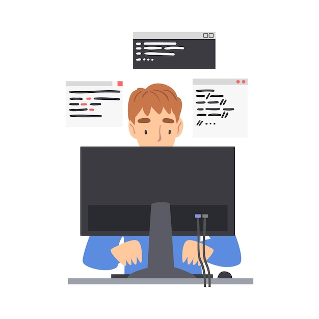 Hình ảnh minh họa lập trình viên hoặc nhà phát triển web đang làm việc trước màn hình máy tính