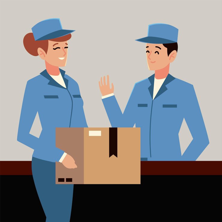 Vector hình ảnh minh họa người đưa thư bưu điện và nữ công nhân với các nhân vật hộp