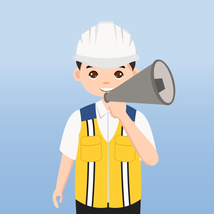 Vector hình ảnh minh họa nhân vật hoạt họa. kỹ sư đội mũ bảo hộ trắng và mặc áo bảo hộ tại công trường xây dựng.