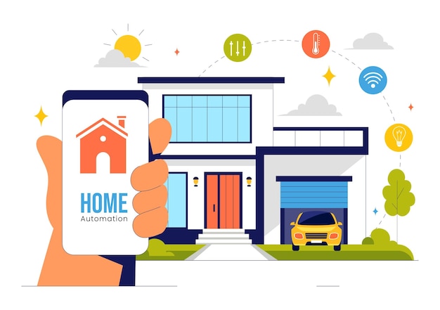 Hình ảnh minh họa Vector tự động hóa nhà có Nhà thông minh được điều khiển qua Điện thoại thông minh với Hệ thống tích hợp các Thiết bị điện tử trên nền