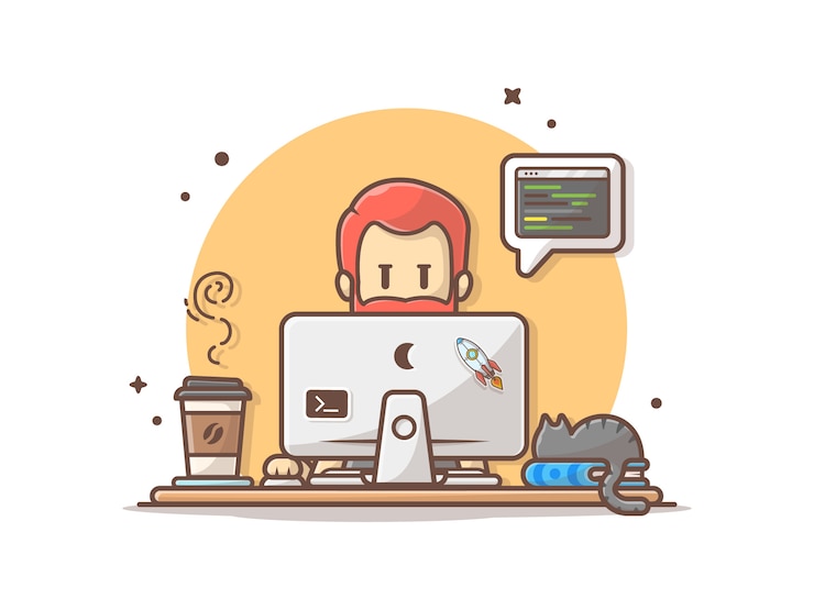 Vector hình minh họa clip-art vector lập trình viên với mã, mèo trên sách và cà phê