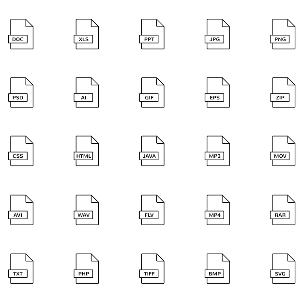 Hình minh họa vector các biểu tượng tệp vẽ đường nét, bao gồm biểu tượng DOC, PDF, PSD, AI, HTML, CSS, JS, MP4, AVI