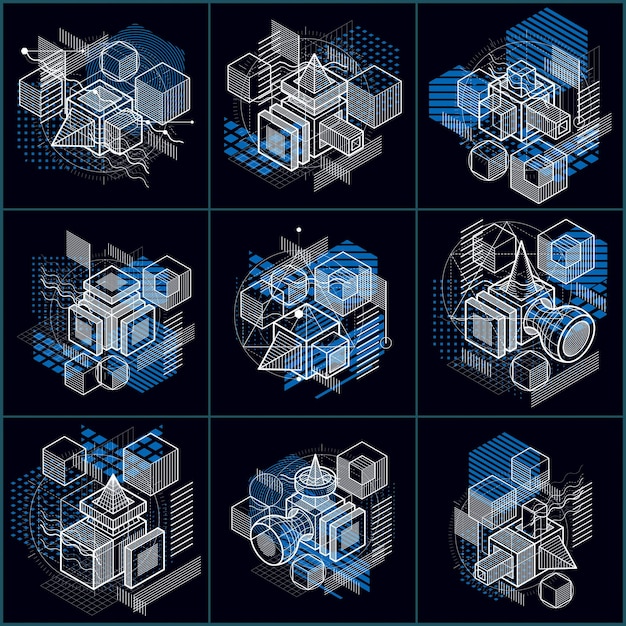 Hình nền trừu tượng với các yếu tố isometric, nghệ thuật tuyến tính vector với các đường và hình dạng. Hình khối, lục giác, hình vuông, hình chữ nhật và các yếu tố trừu tượng khác nhau. Tập hợp vector.