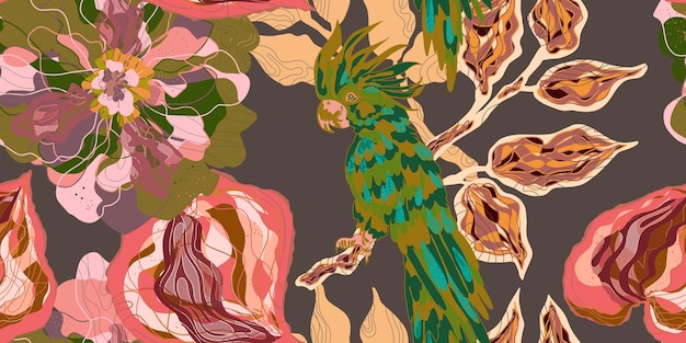 Hoa xếp lớp và vẹt mào theo phong cách retro Vector liền mạch họa tiết chồng lên nhau Hoa nở rộ kỳ ảo Nền mùa hè mùa xuân hoa lá nhiệt đới đầy màu sắc