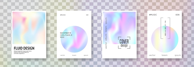 Holographic fluid set. Abstract backgrounds. Liquid holographic fluid with gradient mesh. 90s, 80s retro style. Iridescent graphic template for book, annual, mobile interface, web app.