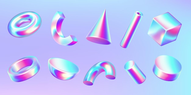 Holographic geometric shapes realistic illustration set