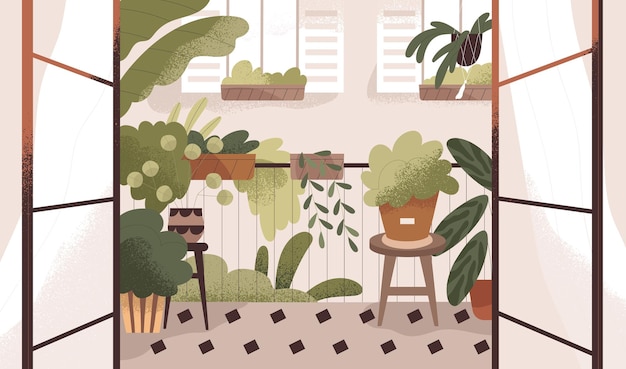 Home balcony garden with potted green plants. Cozy terrace interior design with many houseplants in planters, flowerpots. Urban house jungle on veranda, view from room. Flat vector illustration