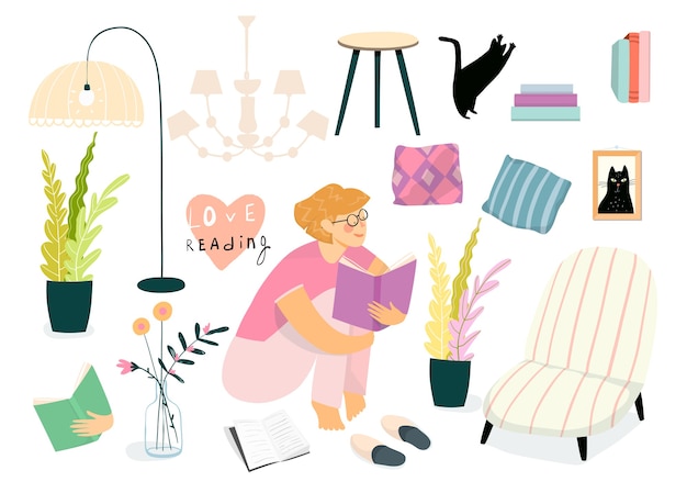 Home interior furniture and objects collection, woman or girl sitting reading book. Isolated everyday life living room objects collection with a young girl or teenager reading.
