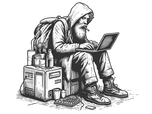 homeless programmer hacker nomad typing computer