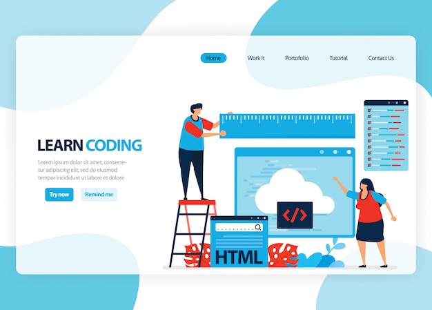 homepage for learning programming and coding. Application development with a simple programming language. Flat illustration