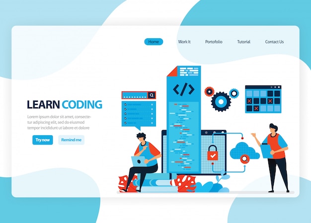 homepage for learning programming and coding. Application development with a simple programming language. Flat illustration