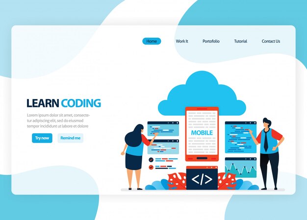 homepage for learning programming and coding. Application development with a simple programming language. Flat illustration