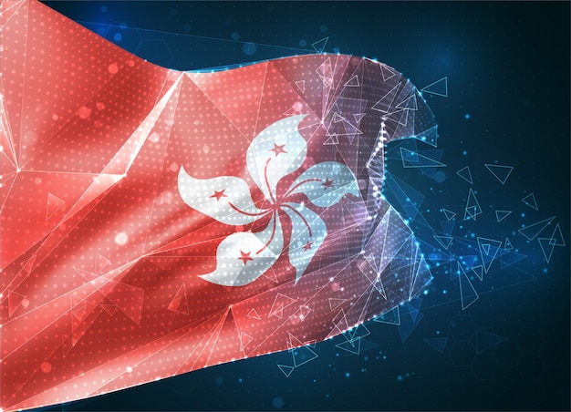 hong kong,  vector flag, virtual abstract 3d object from triangular polygons on a blue background