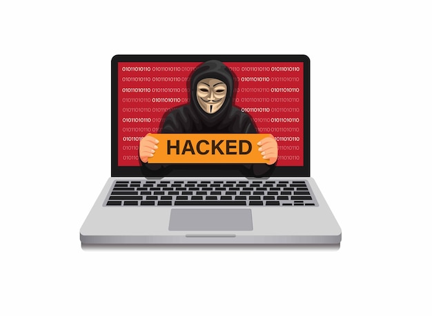 Hooodie man holding hacked sign on laptop monitor hacker in security system computer in cartoon