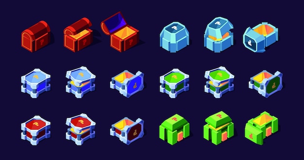 Hộp 3d Thùng thép và gỗ hộp đựng các tông để gây bất ngờ hộp đẳng cự vector garish theo phong cách hoạt hình
