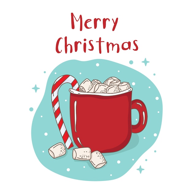 hot chocolate or cocoa with marshmallows in a red mug with a candy cane merry christmas design