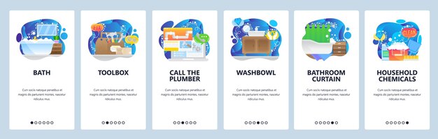 House bathroom interior bathtub plumber service household chemicals Mobile app onboarding screens Menu vector banner template for website and mobile development Web site design flat illustration