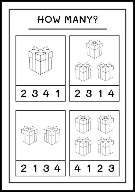 How many gift box, game for children. Vector illustration, printable worksheet