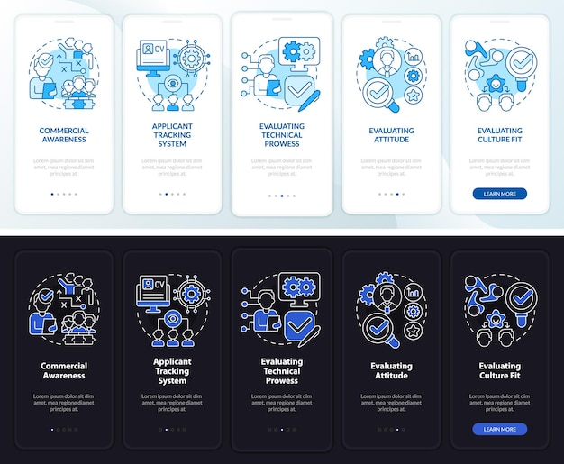 HR business skills night and day mode onboarding mobile app screen Walkthrough 5 steps graphic instructions pages with linear concepts UI UX GUI template Myriad ProBold Regular fonts used