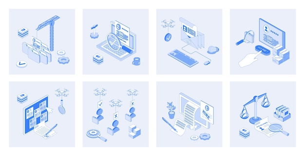 hr process 3d isometric concept set with isometric icons design for web collection of online resume searching candidate job interview choose applicants company employment vector illustration